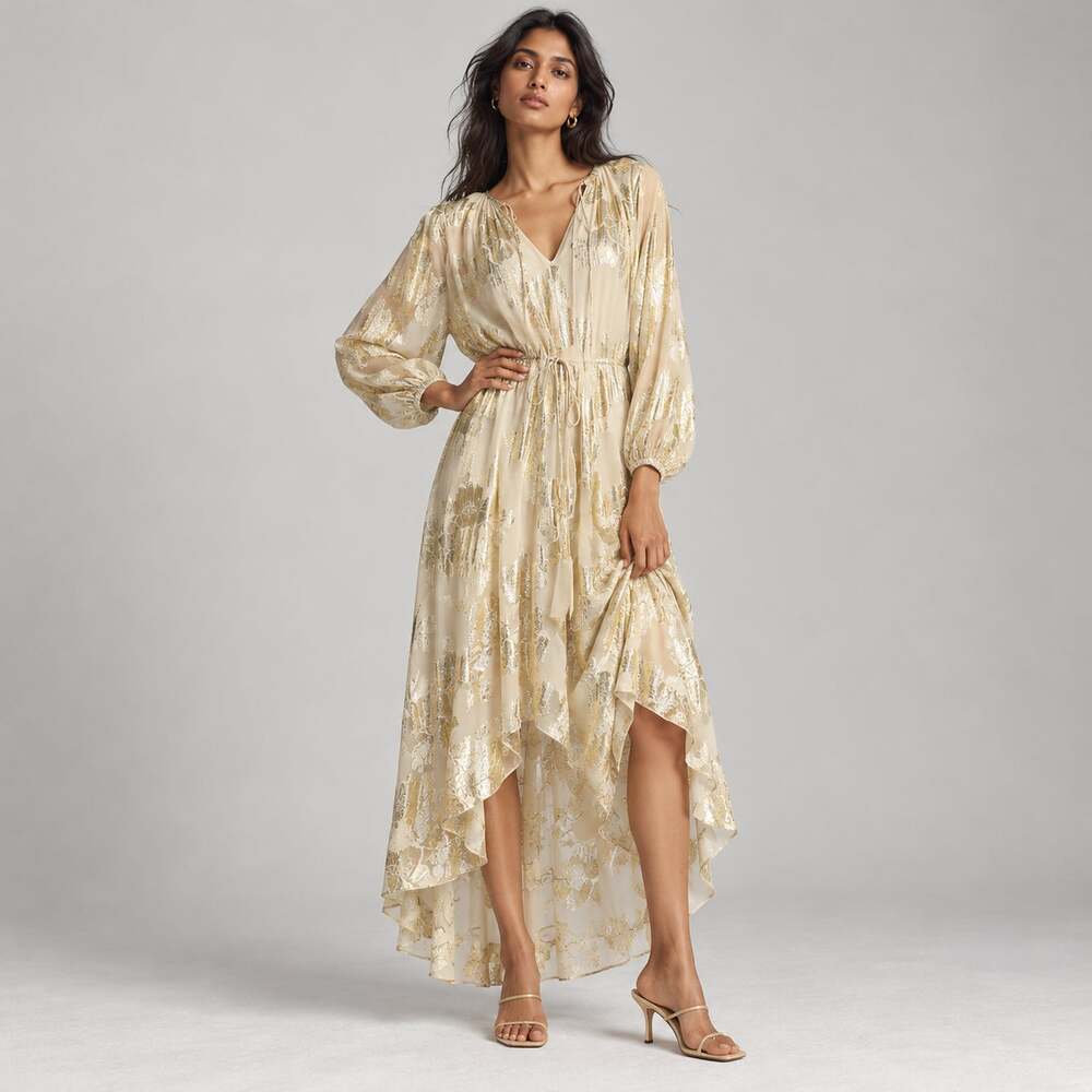 Anthropologie Pinnacle by Shruti Sancheti Metallic High-Low Dress Ivory Gold S